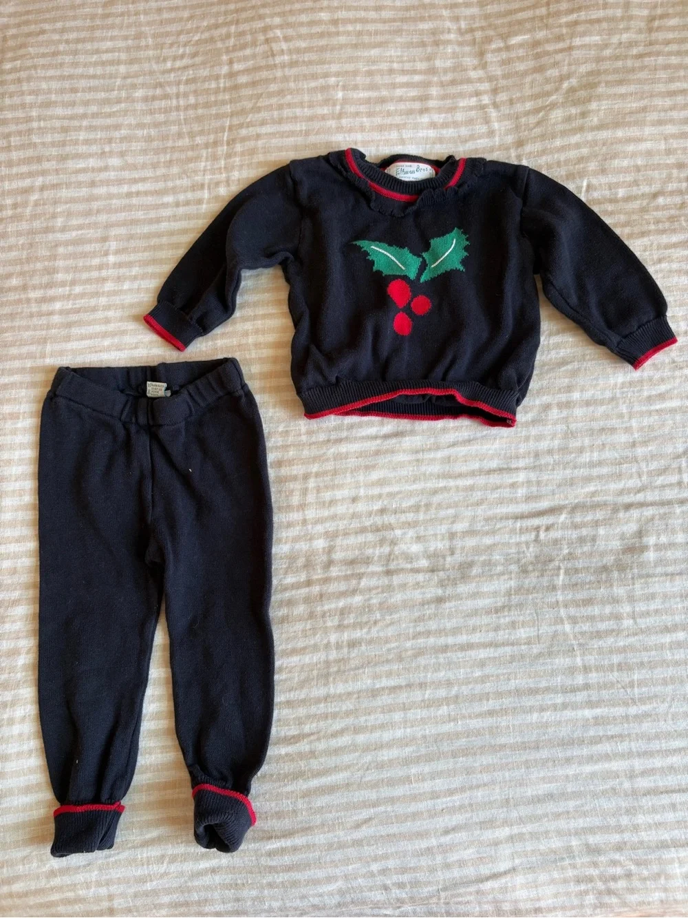 Kids Black Holiday Sweatpant Set with Red Trim and Holly Detail